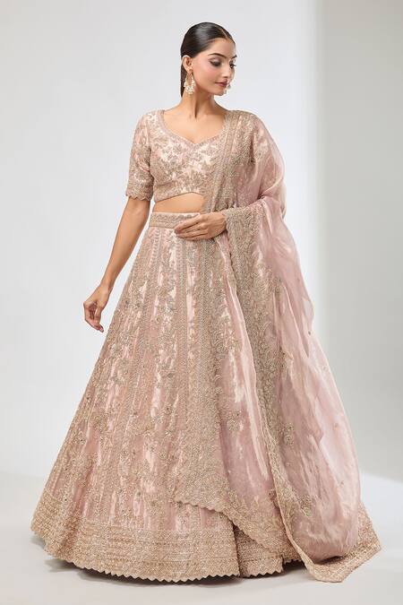 Buy_Azeera_Pink Silk Sequins, Beads Floral Embroidered Lehenga Set _Online_at_Aza_Fashions