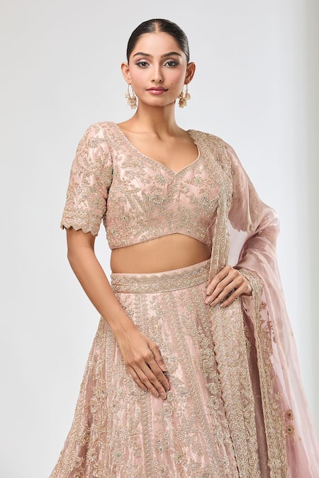 Shop_Azeera_Pink Silk Sequins, Beads Floral Embroidered Lehenga Set _Online_at_Aza_Fashions
