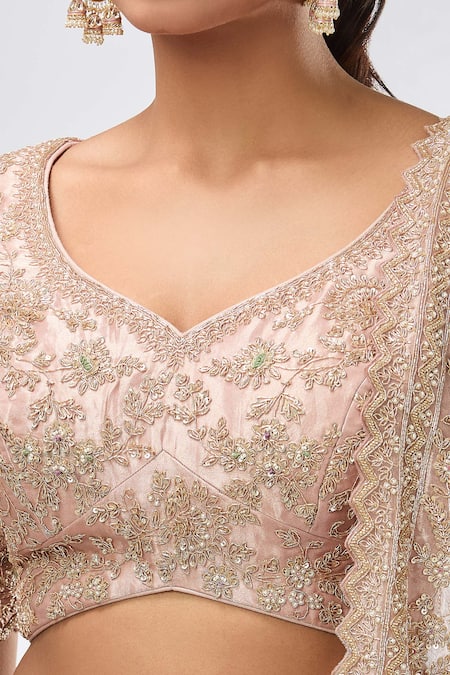 Azeera_Pink Silk Sequins, Beads Floral Embroidered Lehenga Set _at_Aza_Fashions