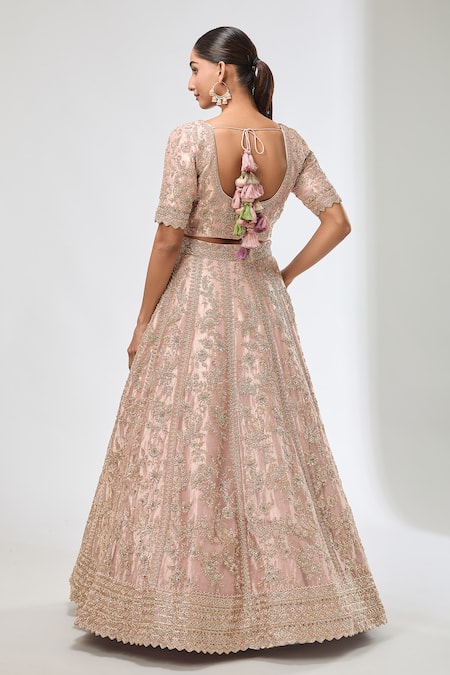 Shop_Azeera_Pink Silk Sequins, Beads Floral Embroidered Lehenga Set _at_Aza_Fashions