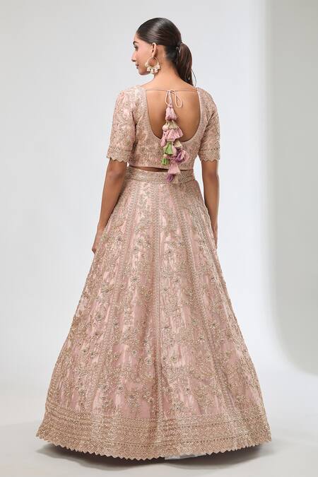 Shop Azeera Peach Silk, Satin Sequins, Beads, Embroidery Asymmetric Floral Lehenga Set at Aza Fashions Shop_Azeera_Peach Silk, Satin Sequins, Beads, Embroidery Asymmetric Floral Lehenga Set_at_Aza_Fashions