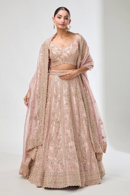 Azeera Peach Silk, Satin Sequins, Beads, Embroidery Asymmetric Floral Lehenga Set Online at Aza Fashions Azeera_Peach Silk, Satin Sequins, Beads, Embroidery Asymmetric Floral Lehenga Set_Online_at_Aza_Fashions