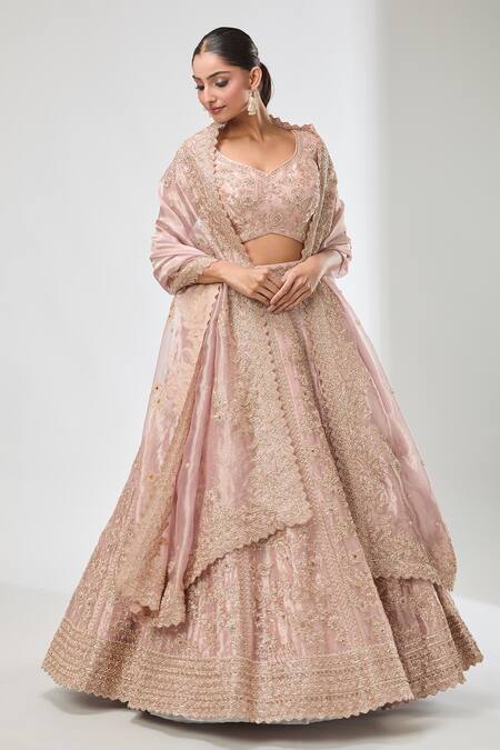 Buy Azeera Peach Silk, Satin Sequins, Beads, Embroidery Asymmetric Floral Lehenga Set Online at Aza Fashions Buy_Azeera_Peach Silk, Satin Sequins, Beads, Embroidery Asymmetric Floral Lehenga Set_Online_at_Aza_Fashions