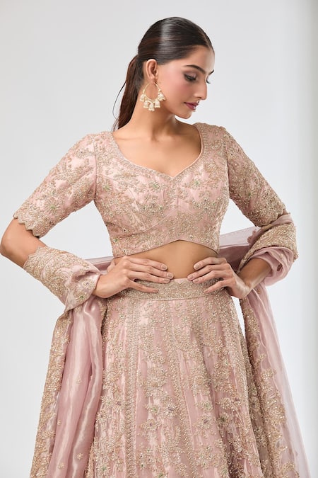 Shop Azeera Peach Silk, Satin Sequins, Beads, Embroidery Asymmetric Floral Lehenga Set Online at Aza Fashions Shop_Azeera_Peach Silk, Satin Sequins, Beads, Embroidery Asymmetric Floral Lehenga Set_Online_at_Aza_Fashions