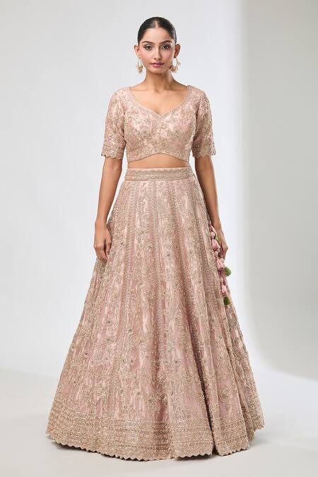 Azeera Peach Silk, Satin Sequins, Beads, Embroidery Asymmetric Floral Lehenga Set at Aza Fashions Azeera_Peach Silk, Satin Sequins, Beads, Embroidery Asymmetric Floral Lehenga Set_at_Aza_Fashions