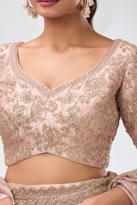 Buy Azeera Peach Silk, Satin Sequins, Beads, Embroidery Asymmetric Floral Lehenga Set Buy_Azeera_Peach Silk, Satin Sequins, Beads, Embroidery Asymmetric Floral Lehenga Set