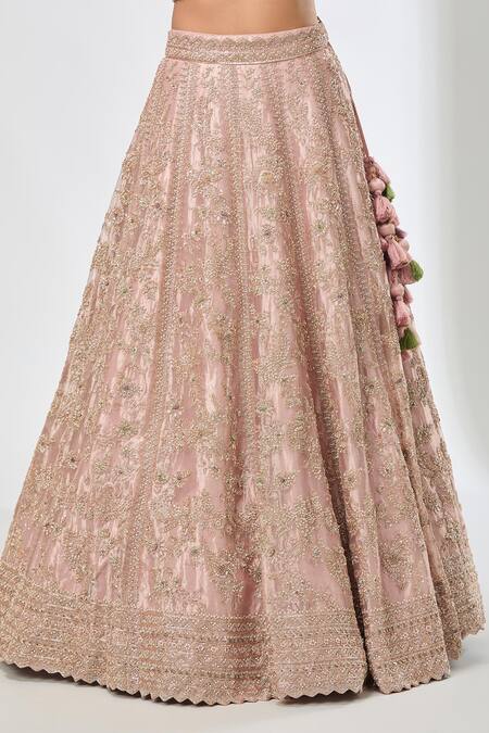 Shop Azeera Peach Silk, Satin Sequins, Beads, Embroidery Asymmetric Floral Lehenga Set Shop_Azeera_Peach Silk, Satin Sequins, Beads, Embroidery Asymmetric Floral Lehenga Set