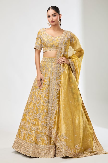 Azeera_Yellow Silk, Satin, Chiffon Sequins, Beads, Embroidery, Floral Vine Lehenga Set _Online_at_Aza_Fashions