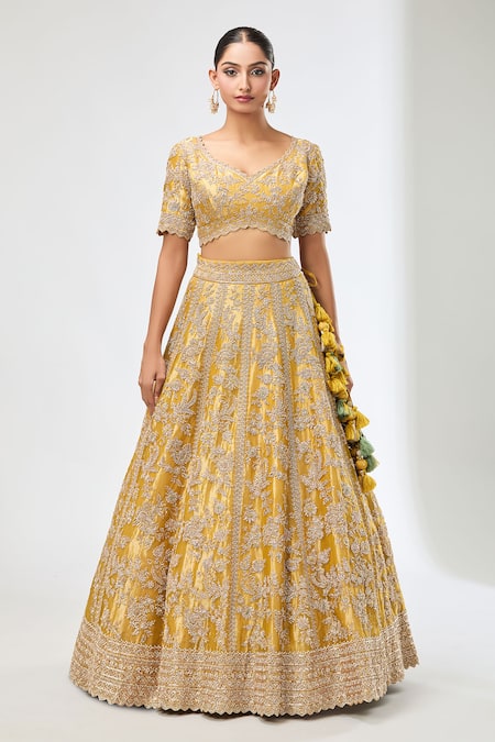Buy_Azeera_Yellow Silk, Satin, Chiffon Sequins, Beads, Embroidery, Floral Vine Lehenga Set _Online_at_Aza_Fashions