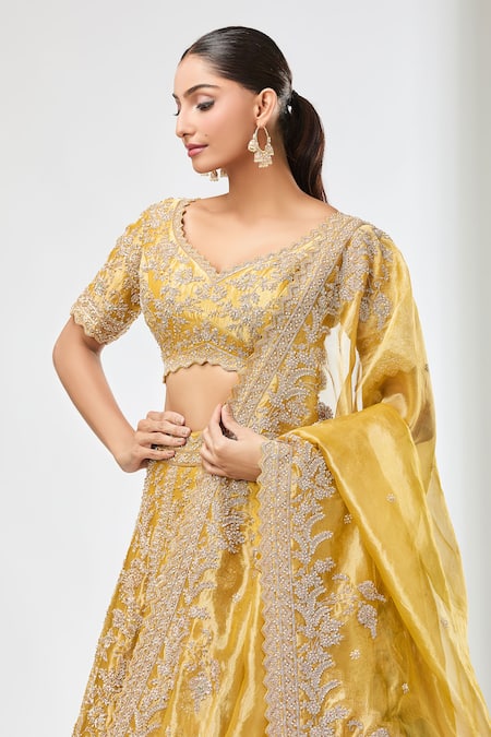 Shop_Azeera_Yellow Silk, Satin, Chiffon Sequins, Beads, Embroidery, Floral Vine Lehenga Set _Online_at_Aza_Fashions