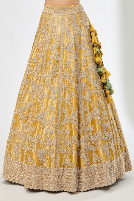 Azeera_Yellow Silk, Satin, Chiffon Sequins, Beads, Embroidery, Floral Vine Lehenga Set _at_Aza_Fashions