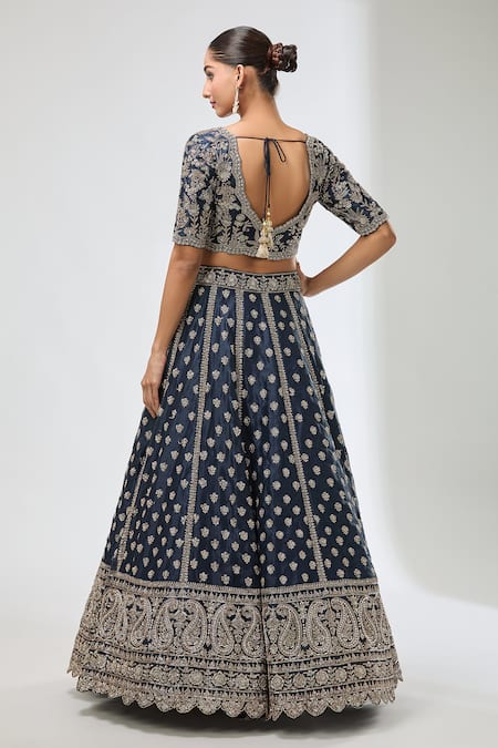 Shop Azeera Blue Sequins, Beads, Diamonds Scoop Neck Paisley Embroidered Lehenga Set at Aza Fashions Shop_Azeera_Blue Sequins, Beads, Diamonds Scoop Neck Paisley Embroidered Lehenga Set _at_Aza_Fashions