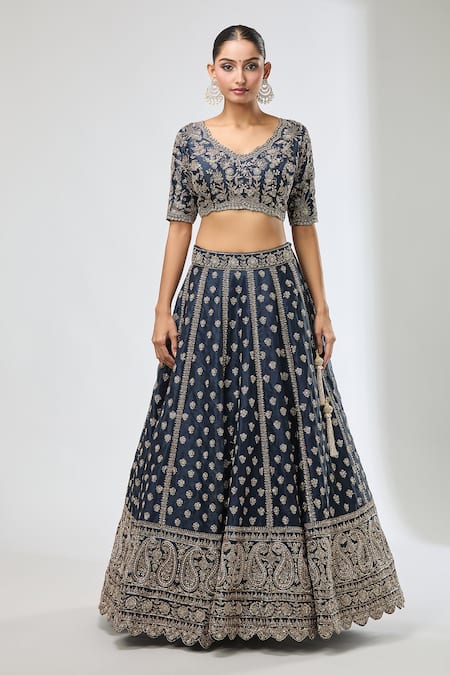 Azeera Blue Sequins, Beads, Diamonds Scoop Neck Paisley Embroidered Lehenga Set Online at Aza Fashions Azeera_Blue Sequins, Beads, Diamonds Scoop Neck Paisley Embroidered Lehenga Set _Online_at_Aza_Fashions