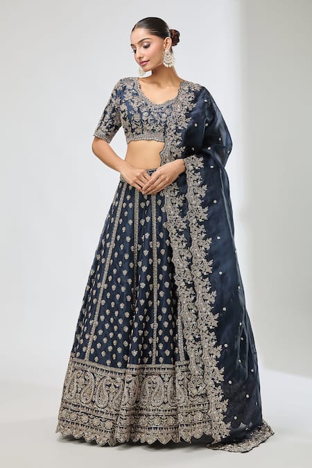 Buy Azeera Blue Sequins, Beads, Diamonds Scoop Neck Paisley Embroidered Lehenga Set Online at Aza Fashions Buy_Azeera_Blue Sequins, Beads, Diamonds Scoop Neck Paisley Embroidered Lehenga Set _Online_at_Aza_Fashions