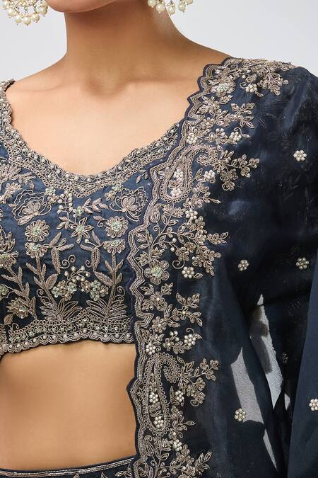 Buy Azeera Blue Sequins, Beads, Diamonds Scoop Neck Paisley Embroidered Lehenga Set Buy_Azeera_Blue Sequins, Beads, Diamonds Scoop Neck Paisley Embroidered Lehenga Set