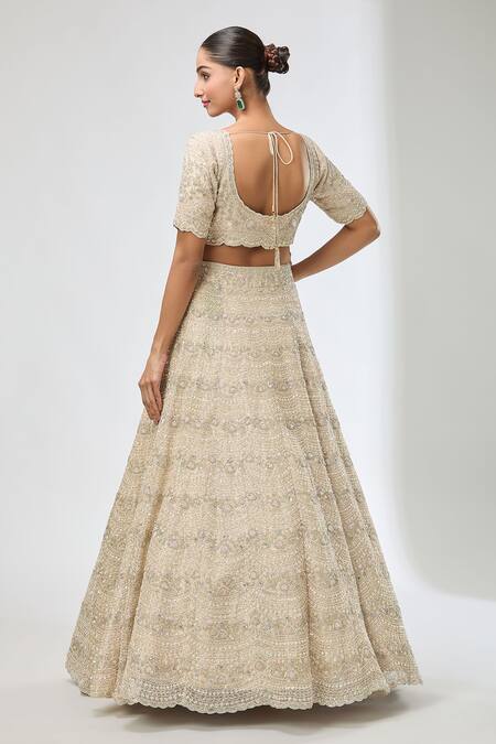 Shop Azeera Beige Silk, Chiffon Sequins, Beads, Floral Embroidered Scallop Hem Lehenga Set at Aza Fashions Shop_Azeera_Beige Silk, Chiffon Sequins, Beads, Floral Embroidered Scallop Hem Lehenga Set_at_Aza_Fashions
