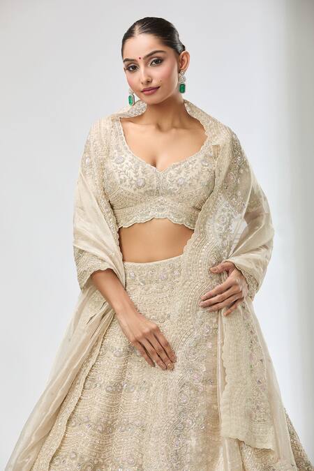 Buy Azeera Beige Silk, Chiffon Sequins, Beads, Floral Embroidered Scallop Hem Lehenga Set Online at Aza Fashions Buy_Azeera_Beige Silk, Chiffon Sequins, Beads, Floral Embroidered Scallop Hem Lehenga Set_Online_at_Aza_Fashions