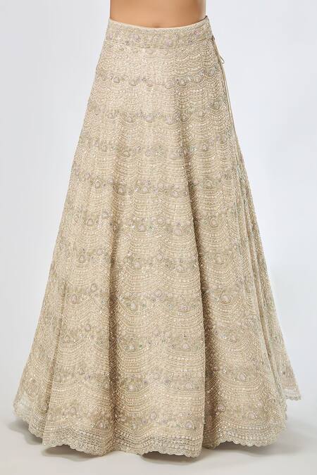 Shop Azeera Beige Silk, Chiffon Sequins, Beads, Floral Embroidered Scallop Hem Lehenga Set Online at Aza Fashions Shop_Azeera_Beige Silk, Chiffon Sequins, Beads, Floral Embroidered Scallop Hem Lehenga Set_Online_at_Aza_Fashions