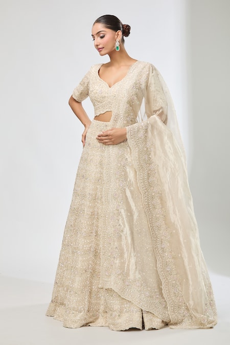 Shop Azeera Beige Chiffon Beads, Sequins, Cut Work Embroidered Scallop Hem Lehenga Set Online at Aza Fashions Shop_Azeera_Beige Chiffon Beads, Sequins, Cut Work Embroidered Scallop Hem Lehenga Set _Online_at_Aza_Fashions