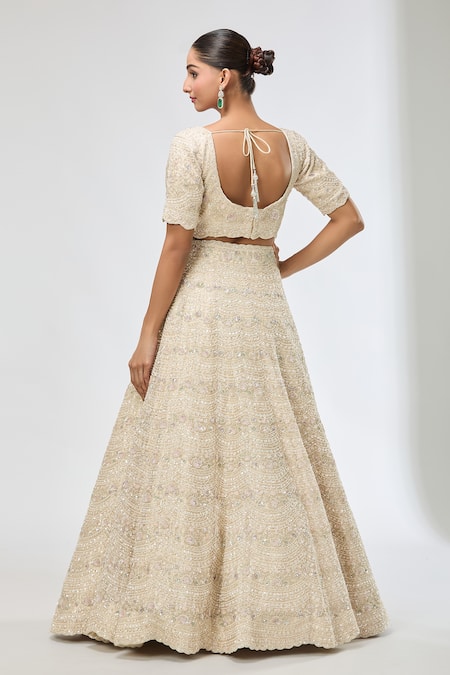 Shop Azeera Beige Chiffon Beads, Sequins, Cut Work Embroidered Scallop Hem Lehenga Set at Aza Fashions Shop_Azeera_Beige Chiffon Beads, Sequins, Cut Work Embroidered Scallop Hem Lehenga Set _at_Aza_Fashions