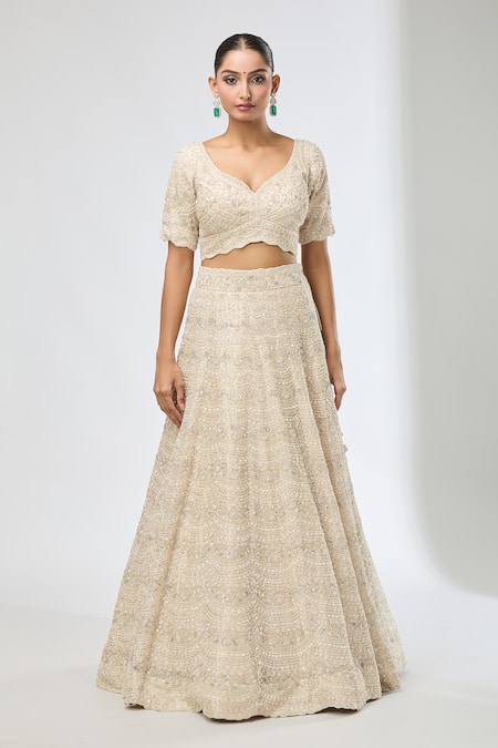 Azeera Beige Chiffon Beads, Sequins, Cut Work Embroidered Scallop Hem Lehenga Set at Aza Fashions Azeera_Beige Chiffon Beads, Sequins, Cut Work Embroidered Scallop Hem Lehenga Set _at_Aza_Fashions