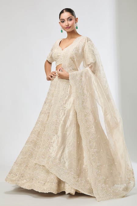 Buy Azeera Beige Chiffon Beads, Sequins, Cut Work Embroidered Scallop Hem Lehenga Set Buy_Azeera_Beige Chiffon Beads, Sequins, Cut Work Embroidered Scallop Hem Lehenga Set