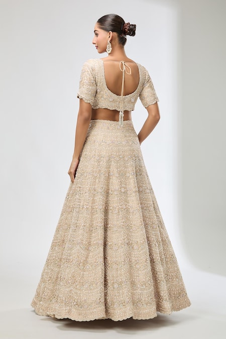 Shop_Azeera_Gold Sequins, Beads, Cut Work, Embroidery Asymmetric Scallop Hem Lehenga Set _at_Aza_Fashions