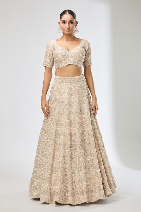 Azeera_Gold Sequins, Beads, Cut Work, Embroidery Asymmetric Scallop Hem Lehenga Set _Online_at_Aza_Fashions