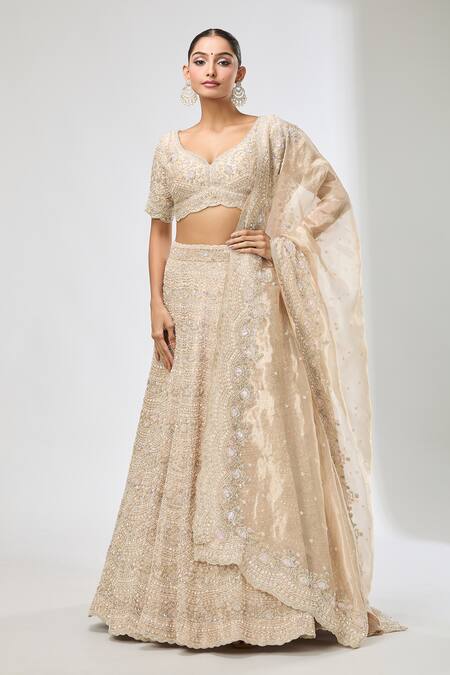 Buy_Azeera_Gold Sequins, Beads, Cut Work, Embroidery Asymmetric Scallop Hem Lehenga Set _Online_at_Aza_Fashions