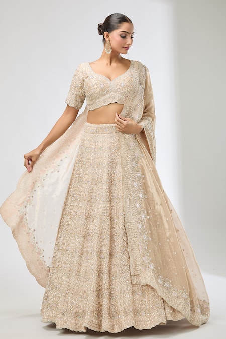 Shop_Azeera_Gold Sequins, Beads, Cut Work, Embroidery Asymmetric Scallop Hem Lehenga Set _Online_at_Aza_Fashions