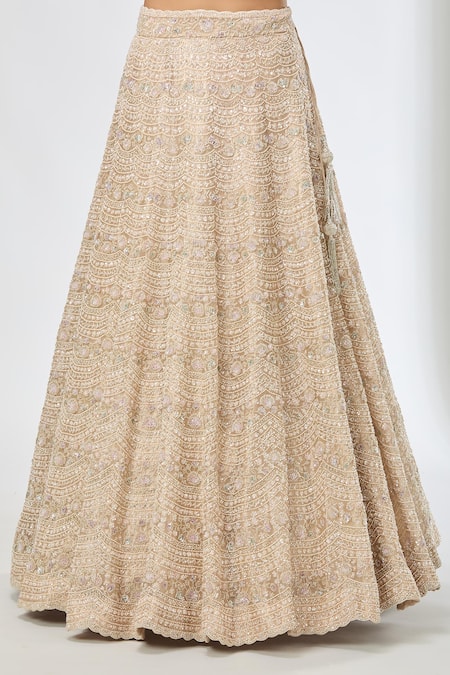 Azeera_Gold Sequins, Beads, Cut Work, Embroidery Asymmetric Scallop Hem Lehenga Set _at_Aza_Fashions