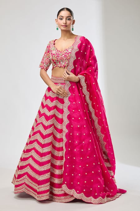 Azeera_Fuchsia Diamonds, Sequins, Beads Scale Pattern Embroidered Lehenga Set _Online_at_Aza_Fashions