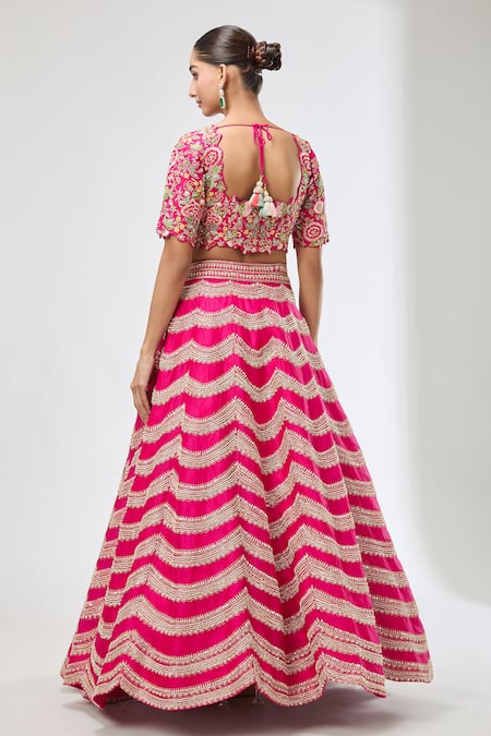 Shop_Azeera_Fuchsia Diamonds, Sequins, Beads Scale Pattern Embroidered Lehenga Set _at_Aza_Fashions