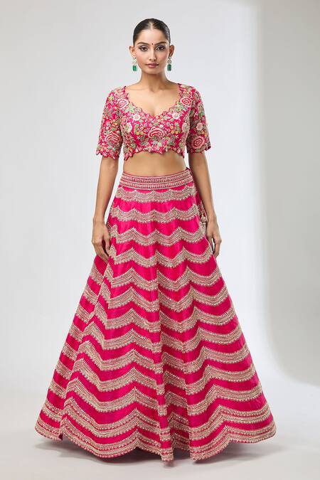 Shop_Azeera_Fuchsia Diamonds, Sequins, Beads Scale Pattern Embroidered Lehenga Set _Online_at_Aza_Fashions
