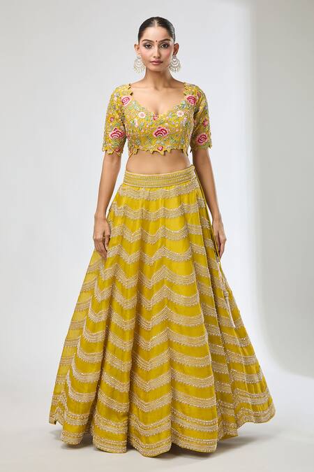 Shop Azeera Yellow Sequins, Beads Scale Pattern Embroidered Lehenga Set Online at Aza Fashions Shop_Azeera_Yellow Sequins, Beads Scale Pattern Embroidered Lehenga Set_Online_at_Aza_Fashions