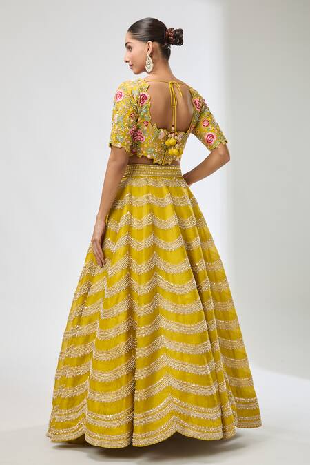 Shop Azeera Yellow Sequins, Beads Scale Pattern Embroidered Lehenga Set at Aza Fashions Shop_Azeera_Yellow Sequins, Beads Scale Pattern Embroidered Lehenga Set_at_Aza_Fashions