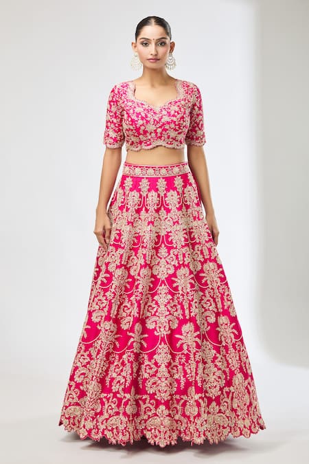 Shop_Azeera_Fuchsia Chiffon Sequins, Beads Asymmetric Embroidered Lehenga Set _Online_at_Aza_Fashions