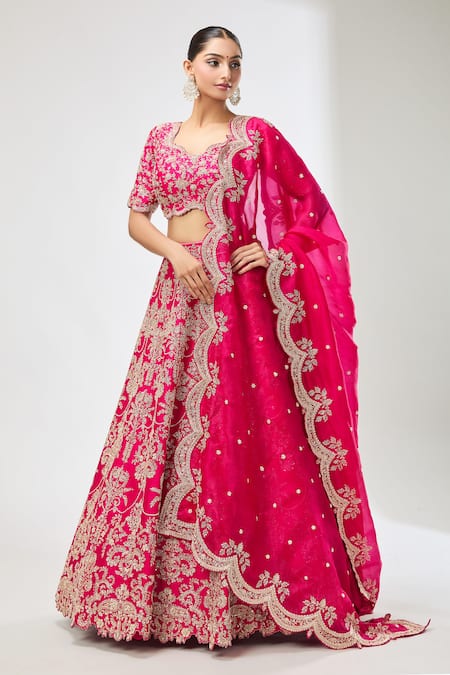 Azeera_Fuchsia Chiffon Sequins, Beads Asymmetric Embroidered Lehenga Set _at_Aza_Fashions