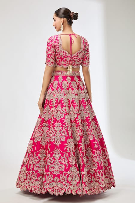Shop_Azeera_Fuchsia Chiffon Sequins, Beads Asymmetric Embroidered Lehenga Set _at_Aza_Fashions