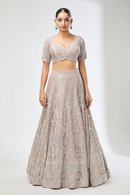 Azeera_Lavender Embroidery, Sequins, Beads Asymmetric Floral Lehenga Blouse Set _Online_at_Aza_Fashions
