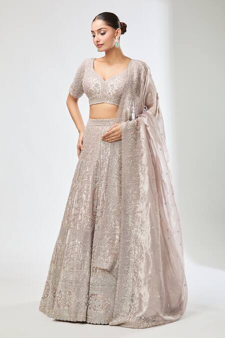 Buy_Azeera_Lavender Embroidery, Sequins, Beads Asymmetric Floral Lehenga Blouse Set _Online_at_Aza_Fashions