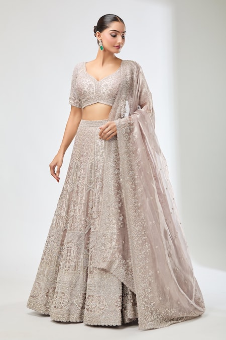 Shop_Azeera_Lavender Embroidery, Sequins, Beads Asymmetric Floral Lehenga Blouse Set _Online_at_Aza_Fashions