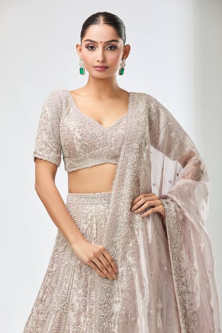 Azeera_Lavender Embroidery, Sequins, Beads Asymmetric Floral Lehenga Blouse Set _at_Aza_Fashions
