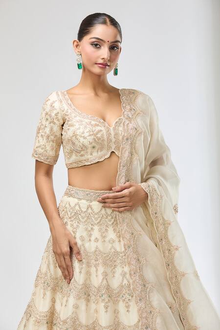 Azeera_Off White Chiffon Sequins, Beads, Embroidery Floral Scallop Hem Lehenga Set_Online_at_Aza_Fashions
