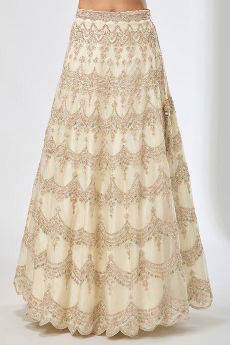 Shop_Azeera_Off White Chiffon Sequins, Beads, Embroidery Floral Scallop Hem Lehenga Set_Online_at_Aza_Fashions
