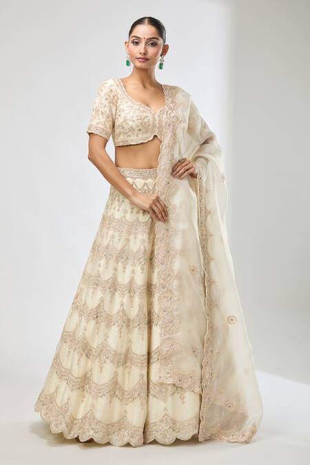 Azeera_Off White Chiffon Sequins, Beads, Embroidery Floral Scallop Hem Lehenga Set_at_Aza_Fashions