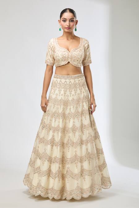 Shop_Azeera_Off White Chiffon Sequins, Beads, Embroidery Floral Scallop Hem Lehenga Set