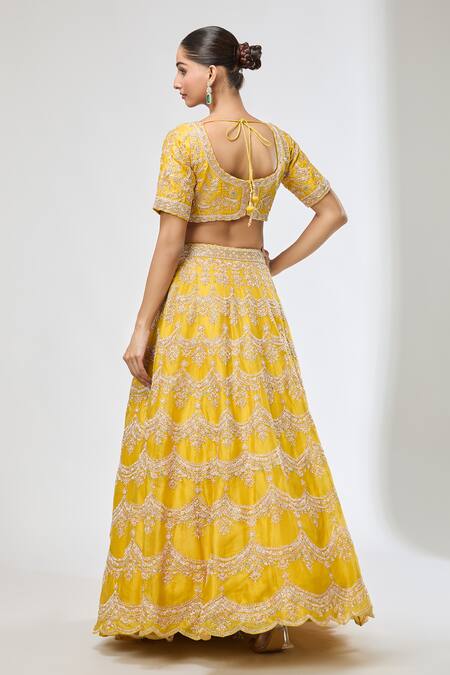 Shop Azeera Yellow Silk Sequins, Beads Floral Embroidered Lehenga Set at Aza Fashions Shop_Azeera_Yellow Silk Sequins, Beads Floral Embroidered Lehenga Set_at_Aza_Fashions