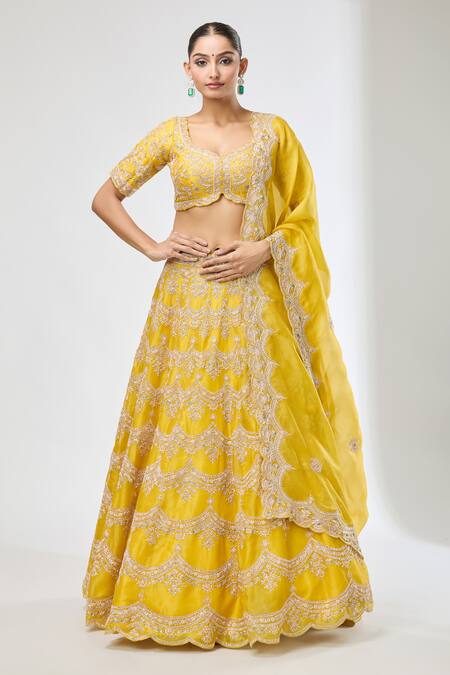 Azeera Yellow Silk Sequins, Beads Floral Embroidered Lehenga Set at Aza Fashions Azeera_Yellow Silk Sequins, Beads Floral Embroidered Lehenga Set_at_Aza_Fashions