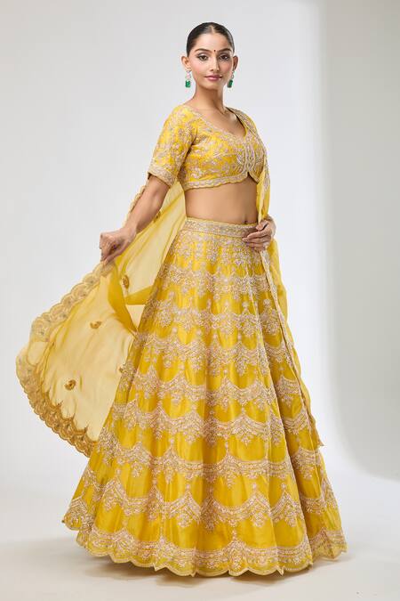 Buy Azeera Yellow Silk Sequins, Beads Floral Embroidered Lehenga Set Buy_Azeera_Yellow Silk Sequins, Beads Floral Embroidered Lehenga Set